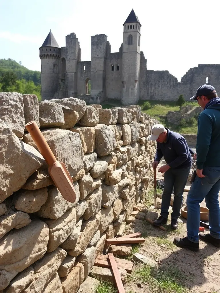 A photograph of volunteers restoring a stone wall of an old building in Gabriac, focusing on the teamwork and the historical texture of the wall.