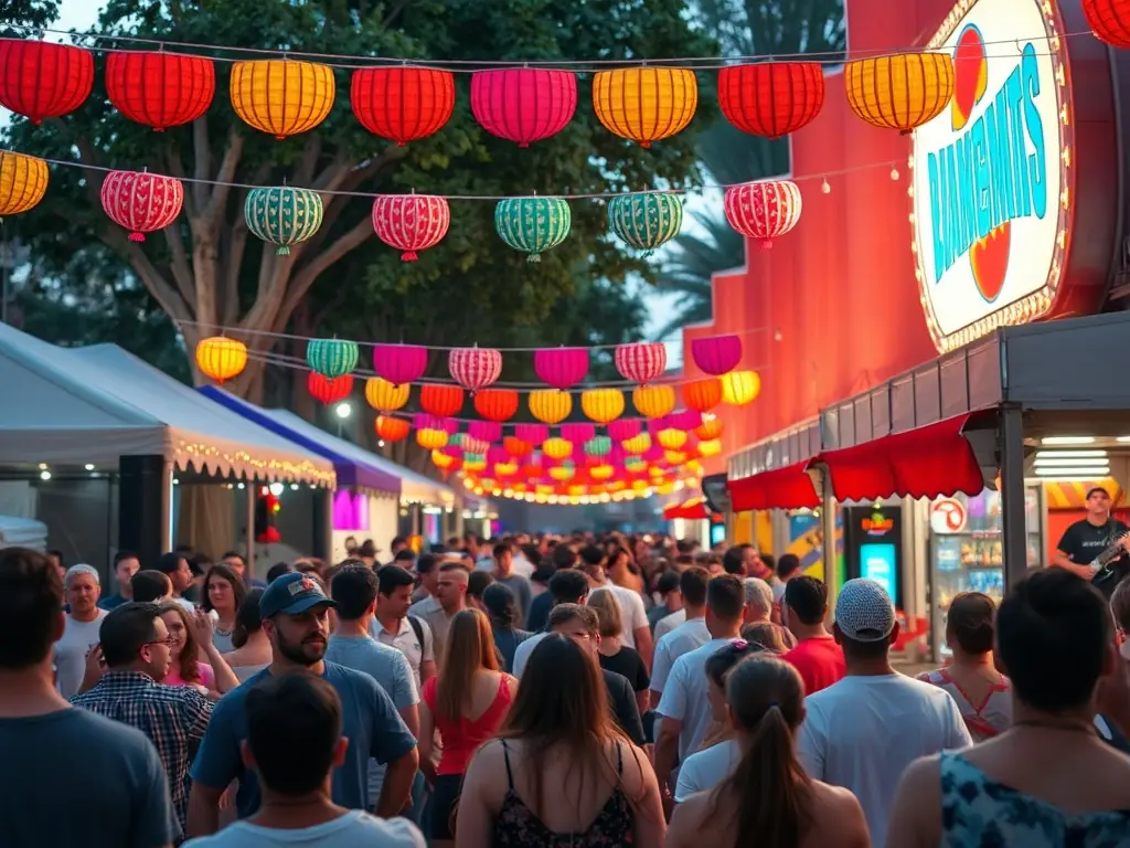 A vibrant scene from a community heritage festival in Gabriac, featuring traditional music, crafts, and local food.