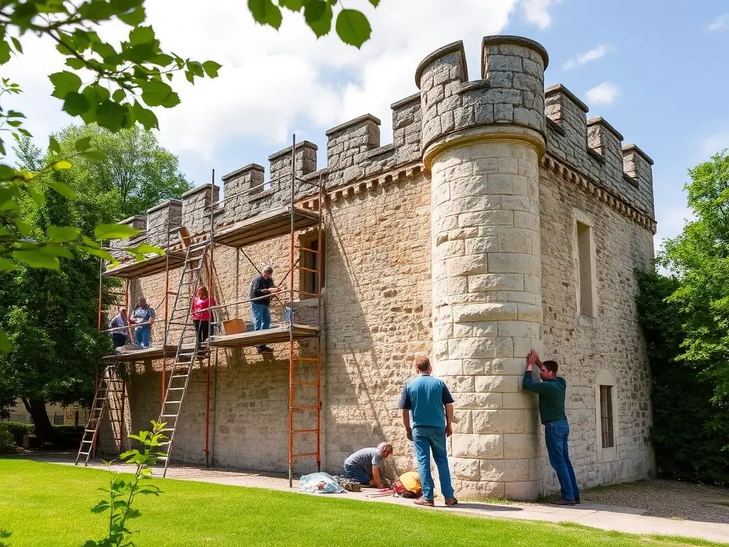 A group of volunteers working together on restoring a stone wall of an old building in Gabriac, showcasing community involvement in heritage preservation.