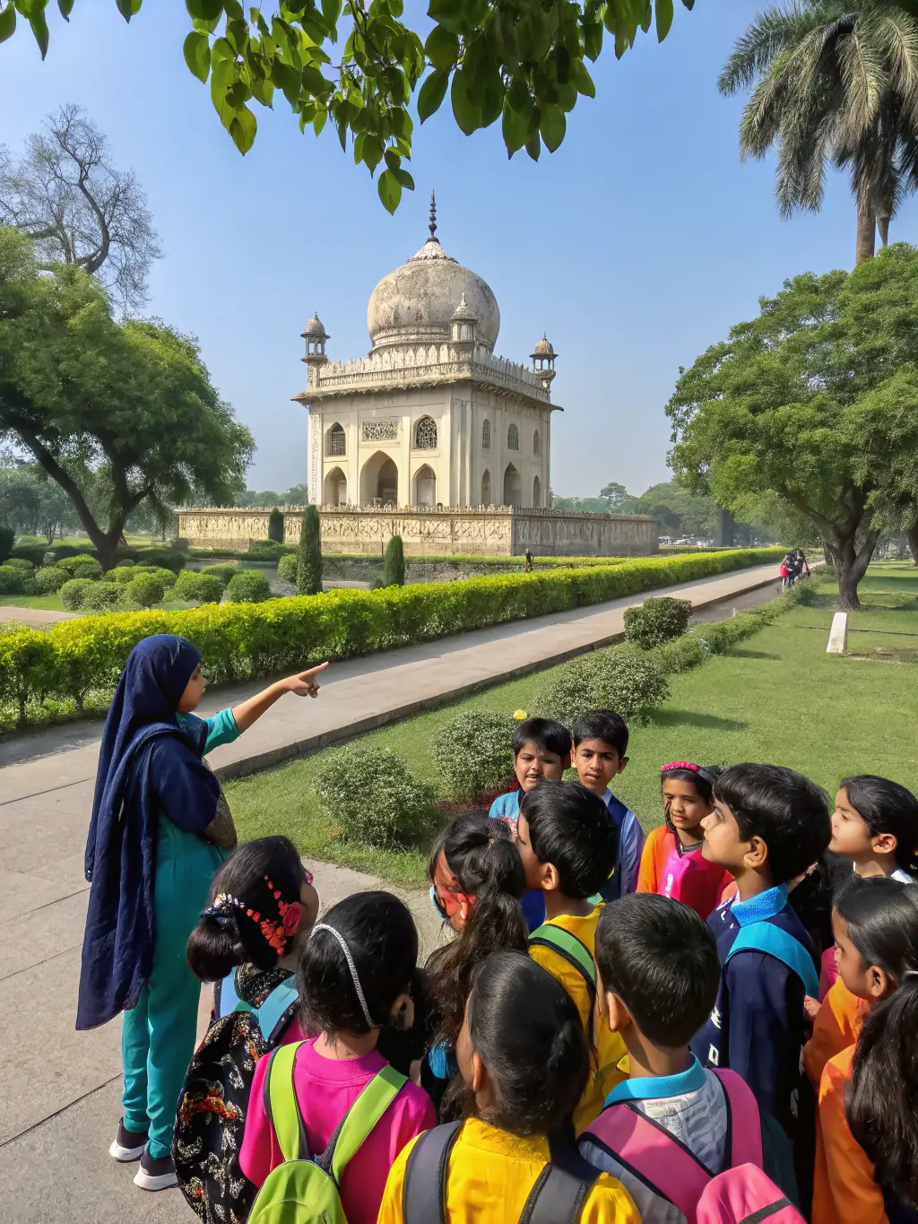 A group of children participating in a guided tour of a historical site in Gabriac, with a knowledgeable guide explaining the significance of the location.